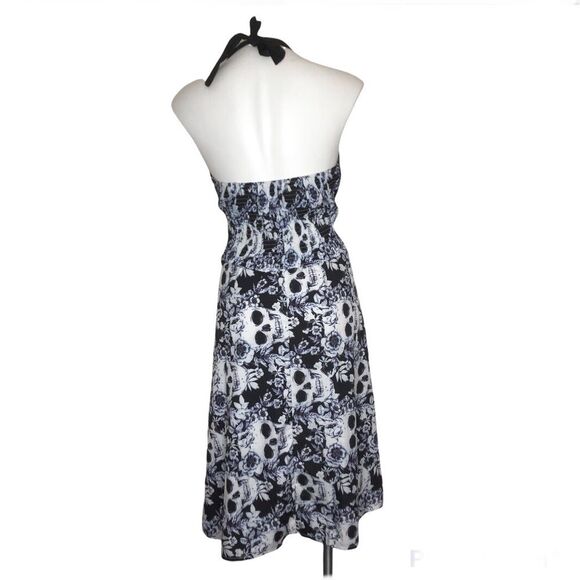 Sugar Skulls Roses Black White Blue Halter Dress Retro Rockabilly Style - Picture 3 of 8